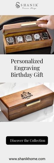 a wooden box with a watch inside of it
