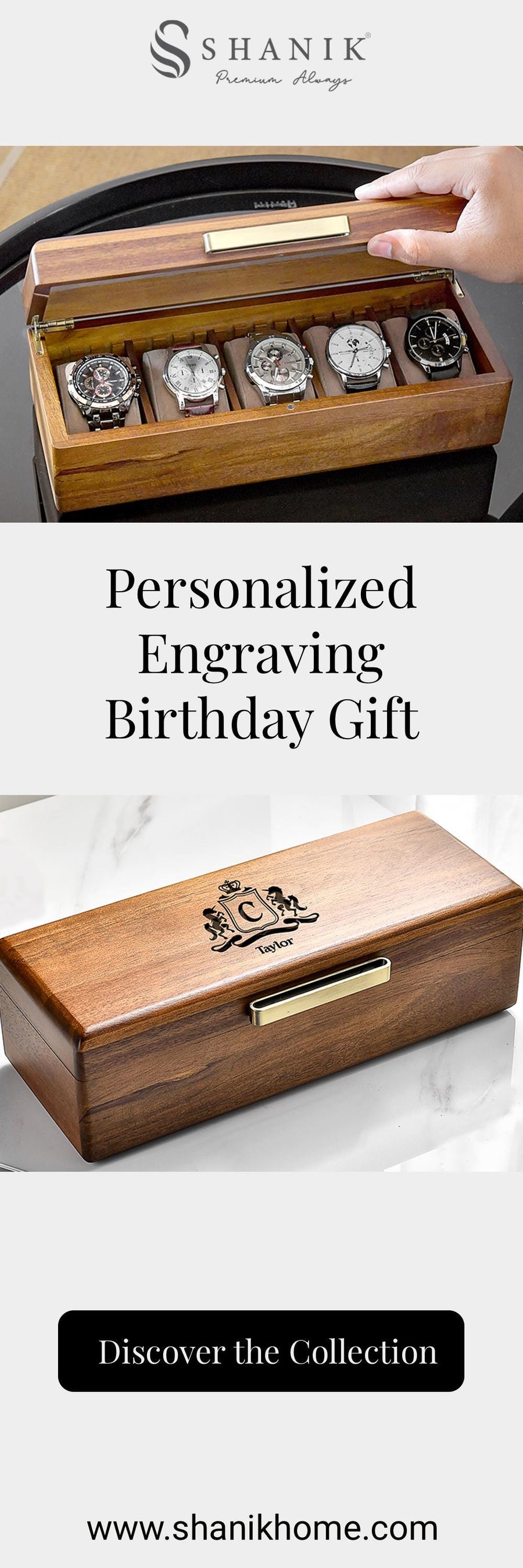 a wooden box with a watch inside of it