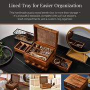 The image showcases a lined wooden jewelry box with multiple compartments, designed for easier organization and storage of jewelry. The box is made of handcrafted acacia wood and features a mirror, a tray, and a custom ring organizer, all of which contribute to its functionality and aesthetic appeal.