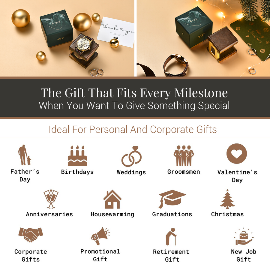 The image is a collage of various gift ideas, including personal and corporate gifts, ideal for different occasions such as Father's Day, birthdays, weddings, groomsmen, Valentine's Day, anniversaries, housewarming, graduations, Christmas, corporate gifts, promotional gifts, retirement gifts, and new job gifts.