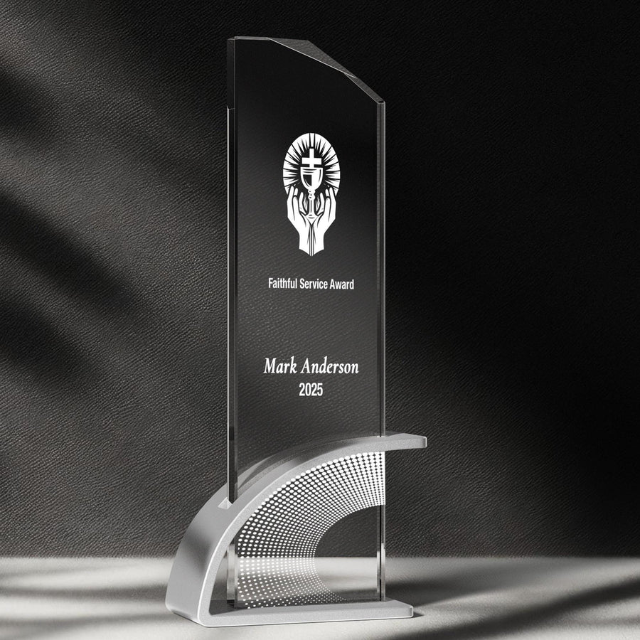 a glass award with a black background