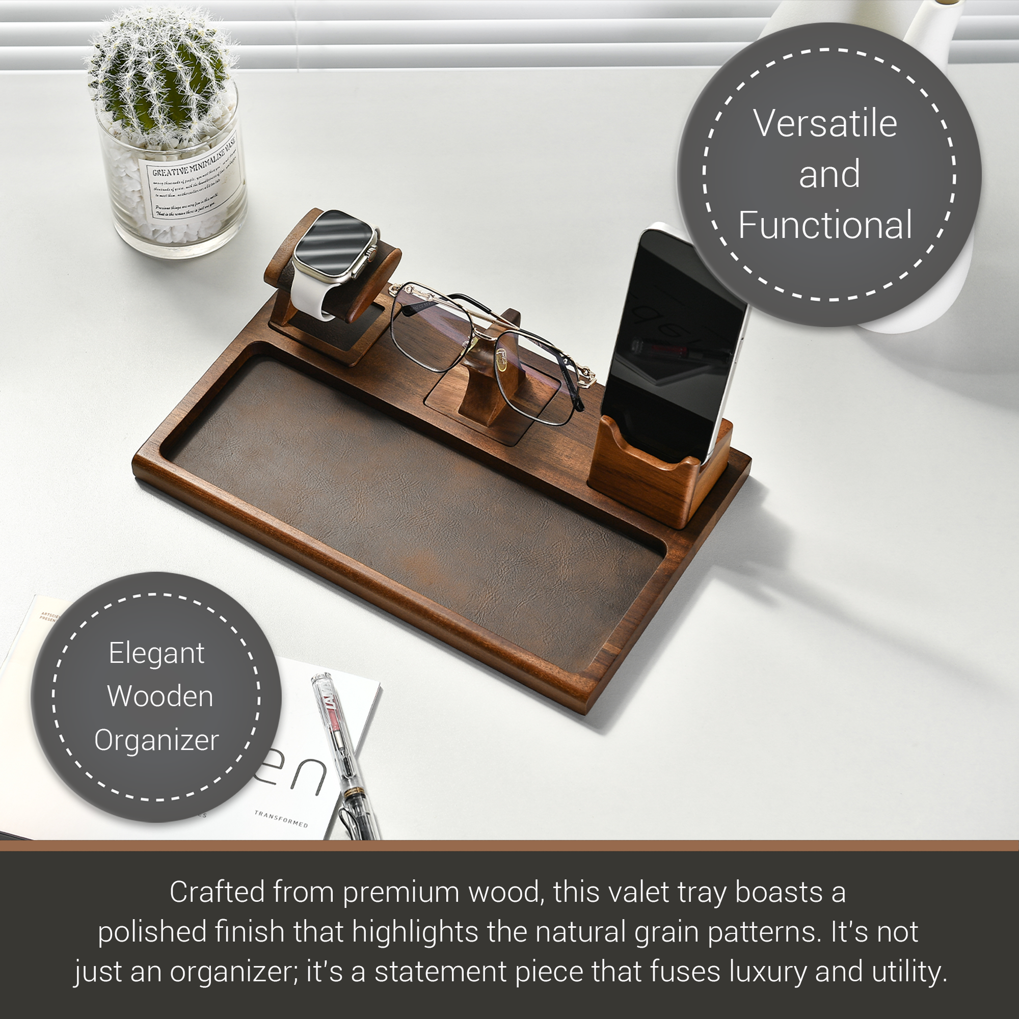 a wooden tray with various accessories, including a smartphone, glasses, and a pen, arranged on it. The tray is described as an elegant wooden organizer, crafted from premium wood, and it boasts a polished finish that highlights the natural grain patterns. It is not just an organizer, but a statement piece that fuses luxury and utility.