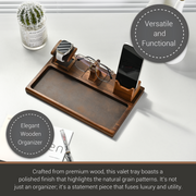 a wooden tray with various accessories, including a smartphone, glasses, and a pen, arranged on it. The tray is described as an elegant wooden organizer, crafted from premium wood, and it boasts a polished finish that highlights the natural grain patterns. It is not just an organizer, but a statement piece that fuses luxury and utility.