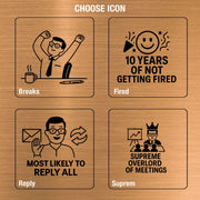 four different icons representing various workplace scenarios, including breaks, getting fired, most likely to respond, and being crowned as the Supreme Overlord of meetings.
