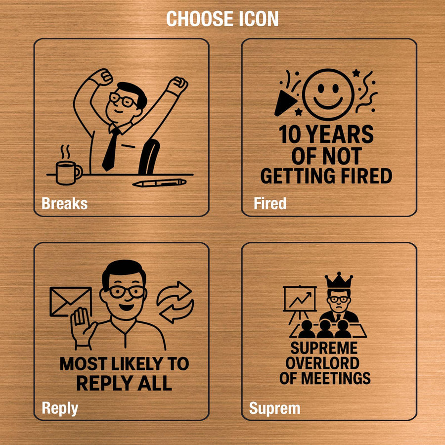 four different icons representing various workplace scenarios, including breaks, getting fired, most likely to respond, and being crowned as the Supreme Overlord of meetings.