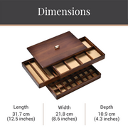 A wooden jewelry box with multiple compartments, designed for organizing and storing various pieces of jewelry.