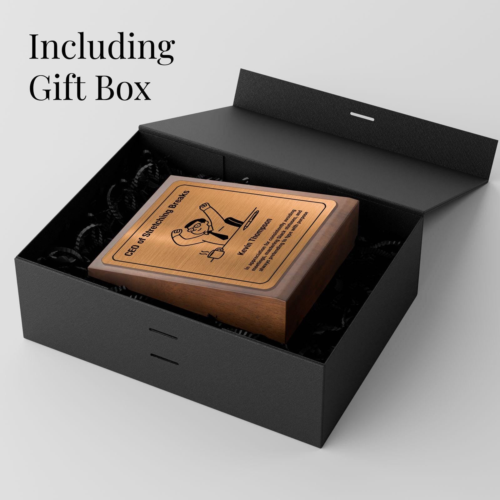 a black box with a wooden sign inside of it