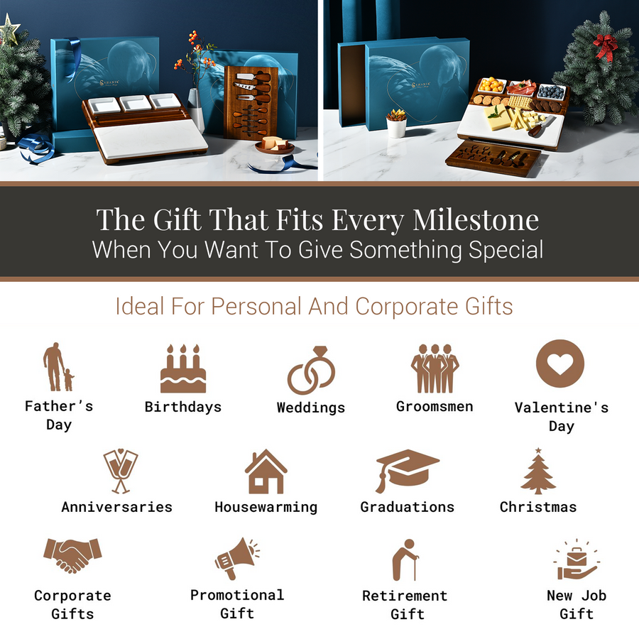 The image is a collage of various gift ideas, including personal and corporate gifts, that fit every milestone. It showcases items such as a father's day gift, a birthday gift, a wedding gift, a groom's gift, a Valentine's Day gift, a housewarming gift, a graduation gift, a Christmas gift, a housewarming gift, a promotional gift, a retirement gift, and a new job gift. The image is ideal for giving something special to someone at any milestone in their life.