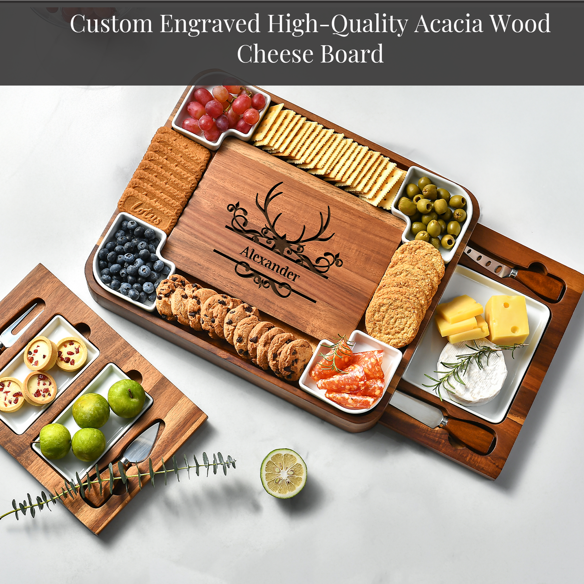 a custom engraved high-quality acacia wood cheese board with various food items arranged on it.