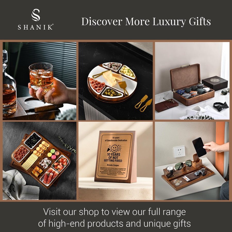 The image is a collage of six different images showcasing various luxury gifts and items, including a wine glass, a wooden tray with food, a wooden box, a wallet, a phone, and a pair of sunglasses.