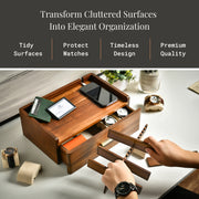 a wooden watch box with various compartments, including a drawer and a shelf, which is being used to organize and display a collection of watches and other accessories.