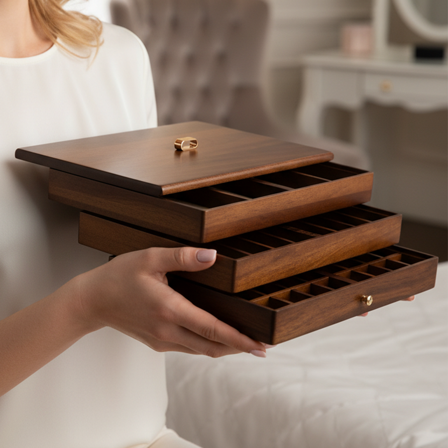 A person is holding a wooden jewelry box with multiple compartments, showcasing the contents inside.
