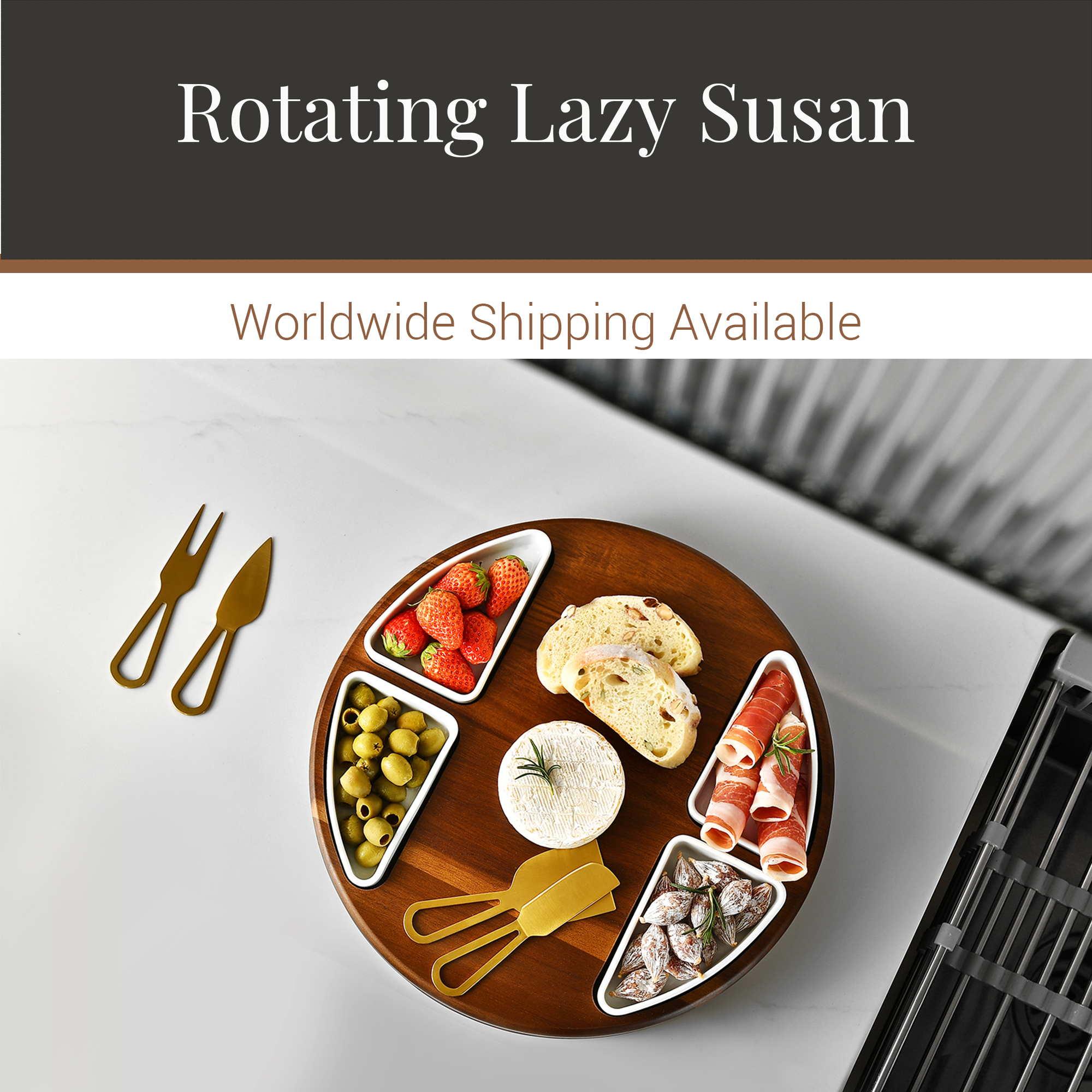 a wooden platter with various food items, including sliced bread, cheese, fruit, and vegetables, arranged in a circular pattern.