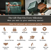 The image is a collage of various gift-related icons and text, including a gift box, a person's hand, and a person's hand holding a gift box. The text highlights the "Gift That Fits Every Milestone" and suggests it is ideal for both personal and corporate gifting. The icons represent different gift types such as Father's Day, birthdays, weddings, groomsmen, Valentine's Day, anniversary gifts, housewarming, graduations, Christmas, corporate gifts, promotional gifts, and retirement gifts.