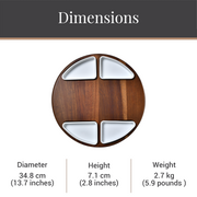 a wooden serving tray with four compartments, each containing a small white dish. The tray has a diameter of 34.8 cm (13.7 inches) and a height of 7.1 cm (2.8 inches). The weight of the tray is 2.7 kg (5.9 pounds).