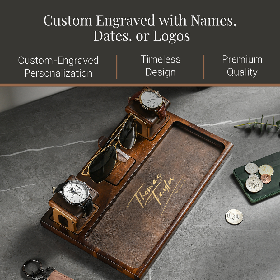 a wooden watch stand with a pair of sunglasses and a coin purse on it, along with a text overlay that reads "Custom Engraved with Names, Dates, or Logos".