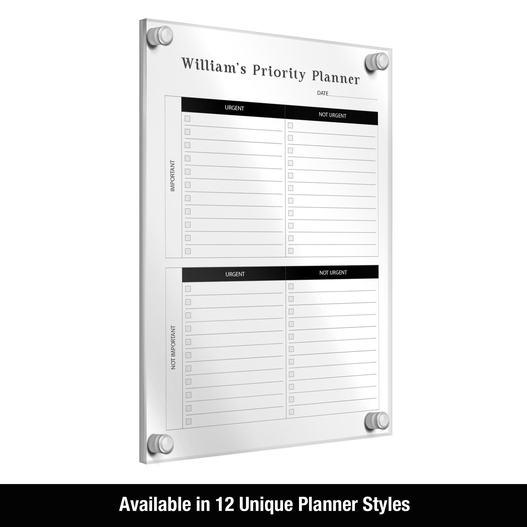The image is a wall-mounted priority planner with a blank page for writing down tasks and their importance. It is available in 12 unique planner styles.