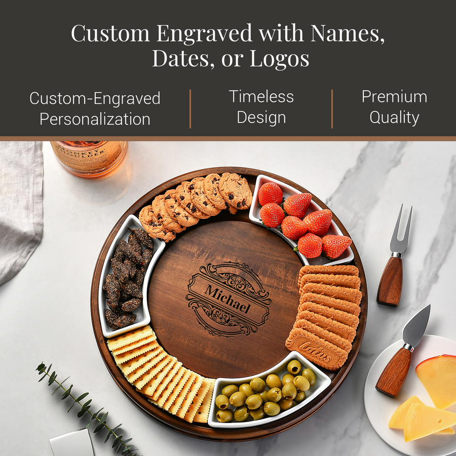 a wooden platter with an assortment of snacks, including crackers, cheese, fruit, and cookies, arranged on a marble surface.