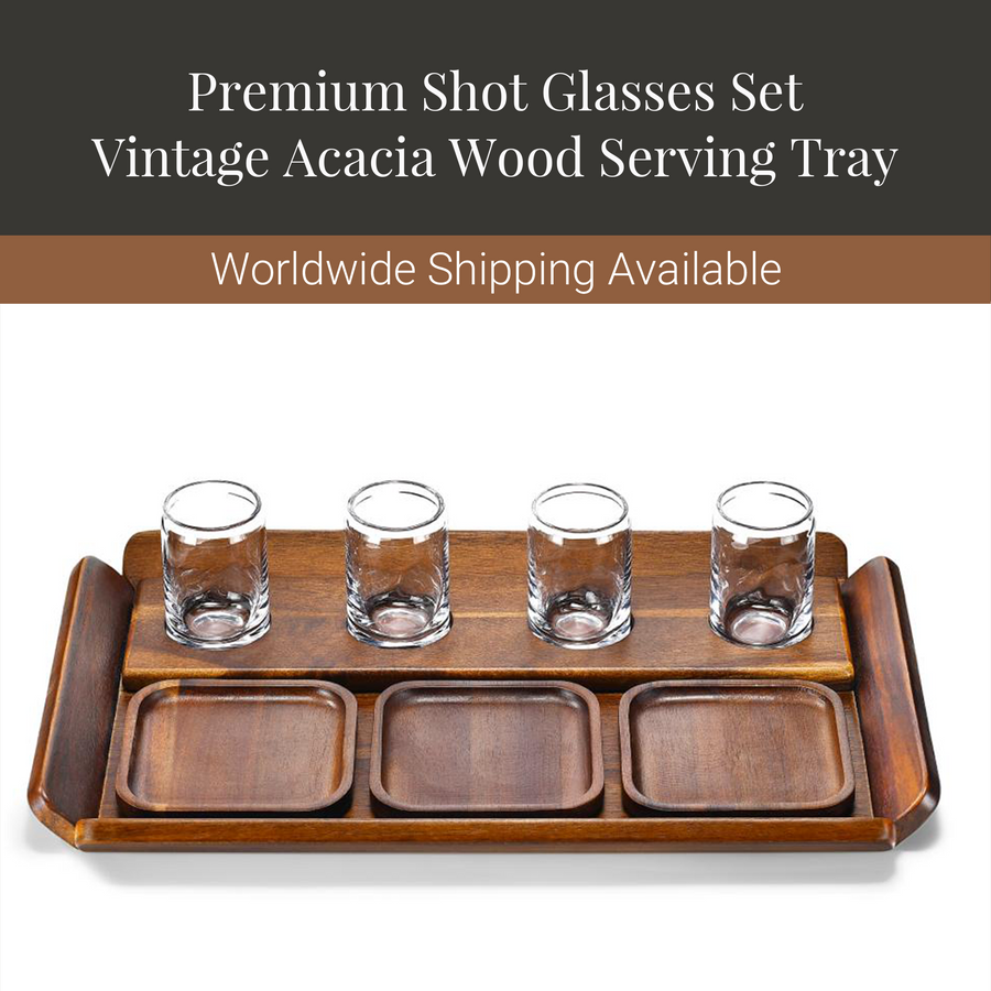a set of four vintage Acacia wood serving trays, each containing a clear glass cup. The trays are arranged in a row, with the first tray having two cups, the second tray having three cups, the third tray having four cups, and the fourth tray having five cups. The trays are placed on a wooden serving tray, which is described as a "Premium Shot Glasses Set". The image also indicates that worldwide shipping is available.