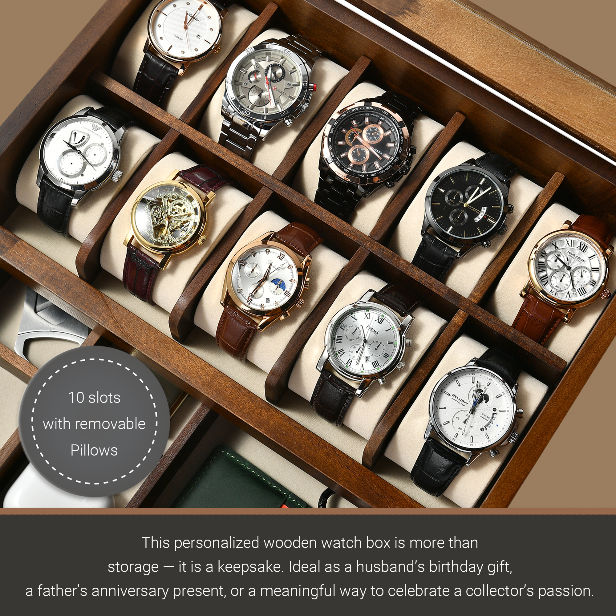A wooden watch box containing various types of watches, including mechanical, quartz, and digital watches, arranged in rows.