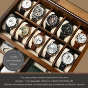 A wooden watch box containing various types of watches, including mechanical, quartz, and digital watches, arranged in rows.