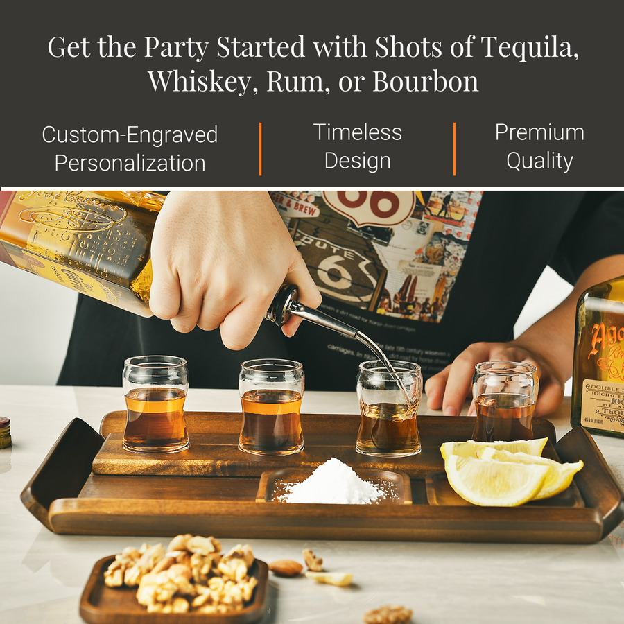 a person pouring shots of tequila, whiskey, rum, and bourbon into small glasses, with garnishes like nuts and lemon slices. The person is wearing a black shirt.