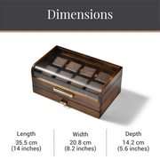 A wooden watch box with a clear glass front, displaying the dimensions of the watch box and the watch inside.