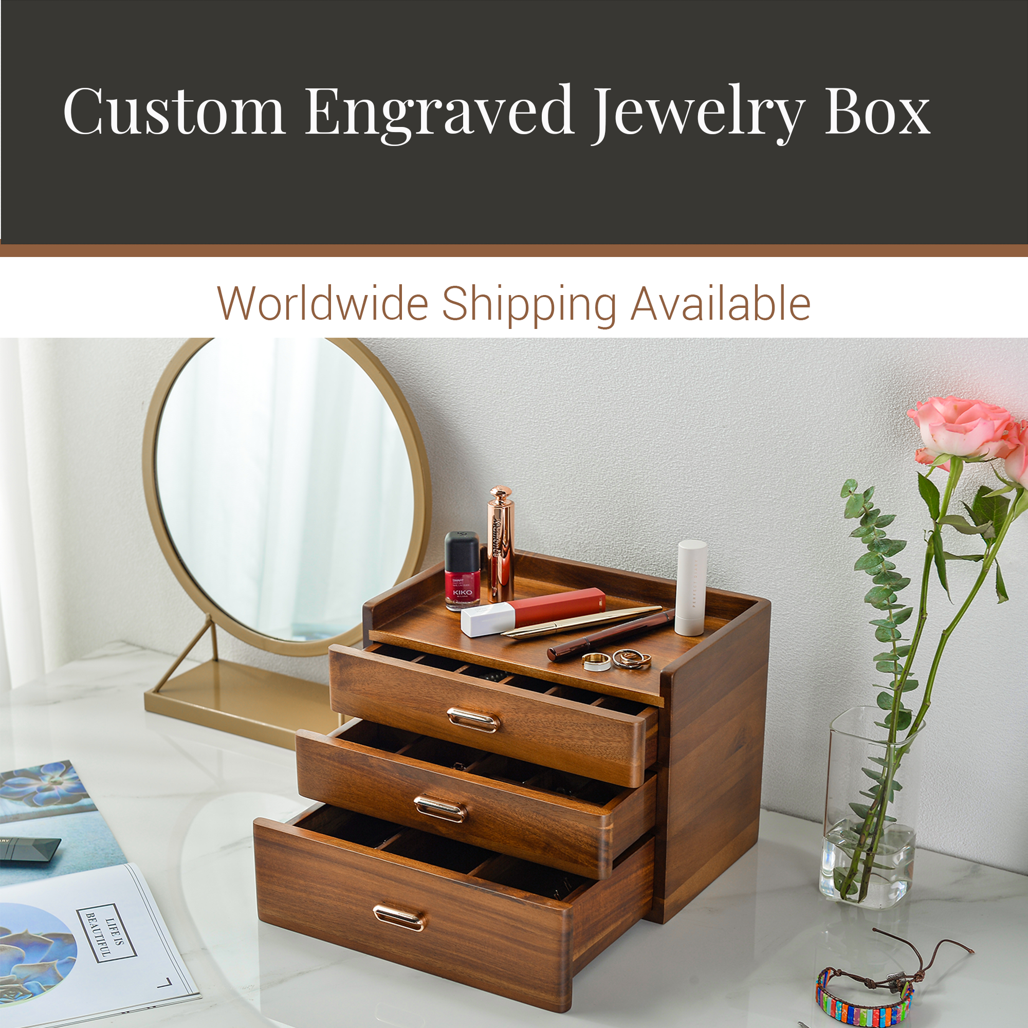 a wooden jewelry box with three drawers, a mirror, and various personal care items such as a red lipstick, a white toothbrush, and a pink rose in a glass vase.