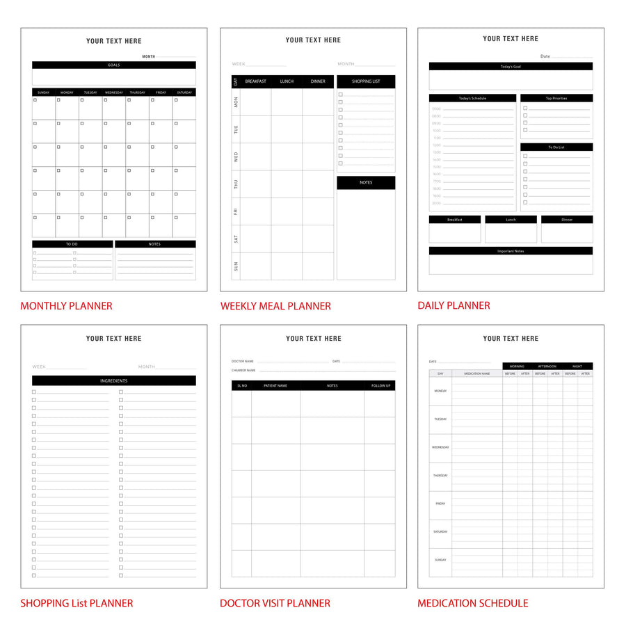 six different planners, each with a unique layout and purpose. The planners include a Monthly Planner, Weekly Meal Planner, Daily Planner, Shopping List Planner, Doctor Visit Planner, and a Medication Schedule. Each planner has a blank page at the top, allowing users to customize and personalize their planners according to their needs and preferences.