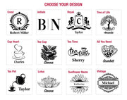 a collection of twelve different logo designs, each featuring a unique initial or name. The logos include a crest, initials, royal, tree of life, cup heart, tea cup, tea time, all you need, charles, stena, Sherry, scartlet, tea pot, lotus, sunflower name, and vintage.