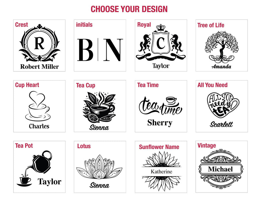 a collection of twelve different logo designs, each featuring a unique initial or name. The logos include a crest, initials, royal, tree of life, cup heart, tea cup, tea time, all you need, charles, stena, Sherry, scartlet, tea pot, lotus, sunflower name, and vintage.