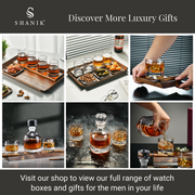The image is a collage of six photos showcasing various luxury gifts and items, including a wooden tray with glasses, a bottle of whiskey, a pair of glasses, a wooden tray with snacks, a hand holding a glass, and a glass of whiskey being poured. The collage is titled "Discover More Luxury Gifts" and encourages viewers to visit the shop to view the full range of watch boxes and gifts for the men in their lives.
