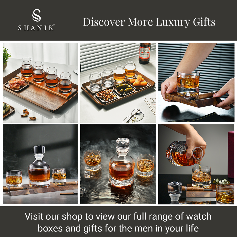 The image is a collage of six photos showcasing various luxury gifts and items, including a wooden tray with glasses, a bottle of whiskey, a pair of glasses, a wooden tray with snacks, a hand holding a glass, and a glass of whiskey being poured. The collage is titled "Discover More Luxury Gifts" and encourages viewers to visit the shop to view the full range of watch boxes and gifts for the men in their lives.