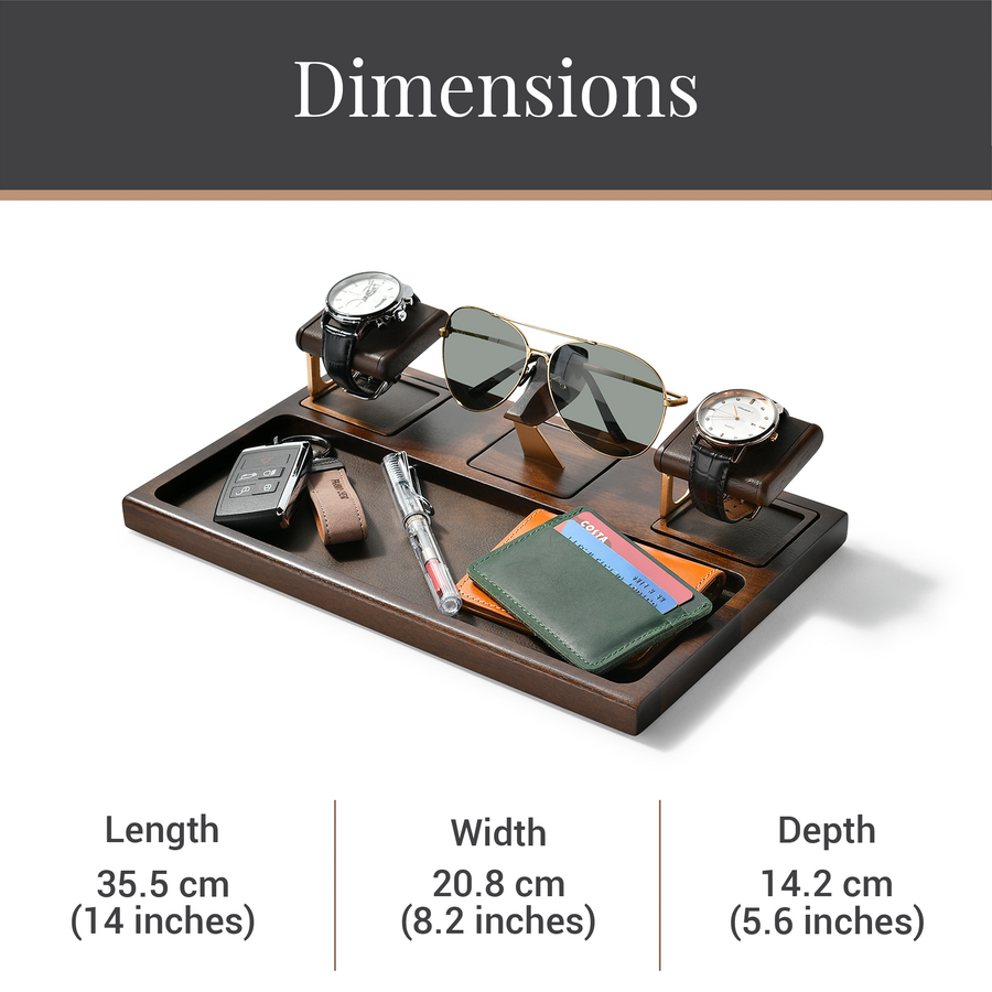 A wooden tray with various items, including a pair of sunglasses, a wallet, and a watch stand, arranged on it.