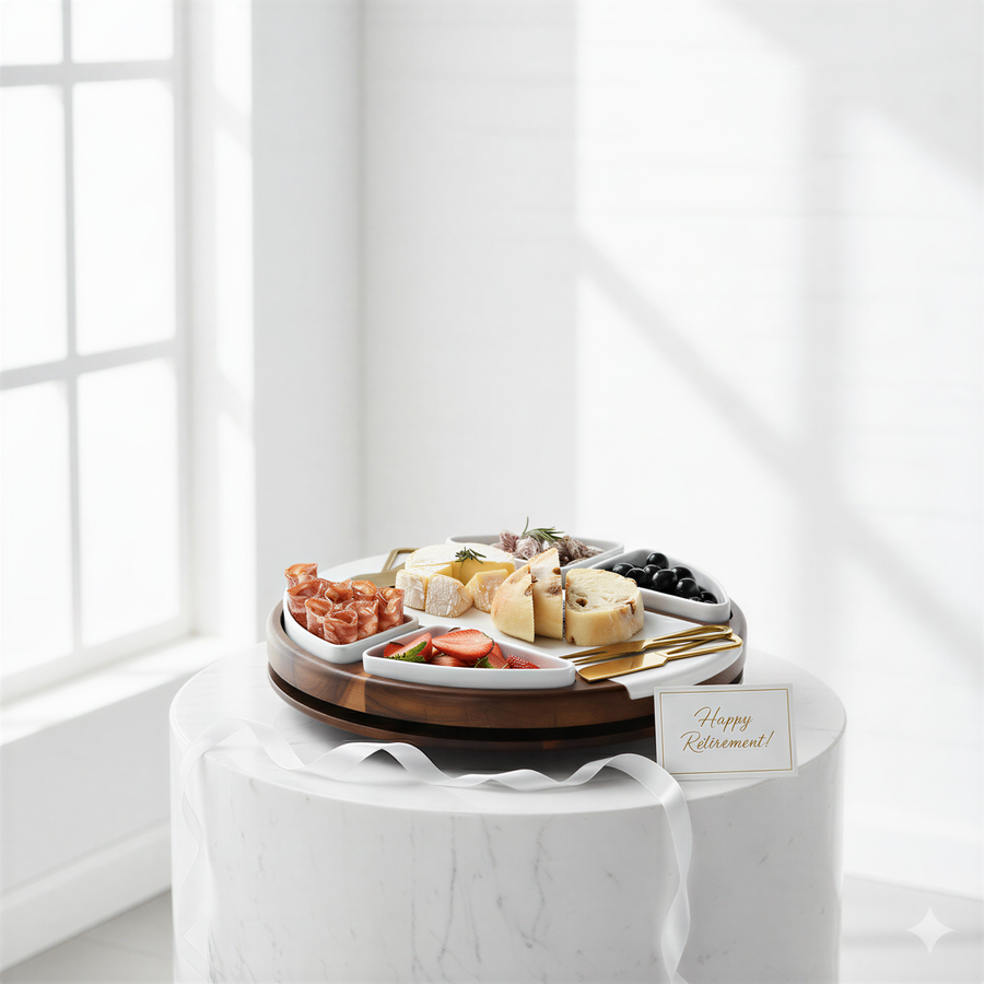 A round wooden platter filled with various appetizers, including sliced meats, cheeses, and olives, sits on a white marble table. A "Happy Retirement!" card is placed next to the platter.