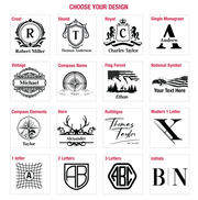 a collection of various personalized designs, including monograms, initials, and logos, that can be used for creating custom mementos or stationery items.