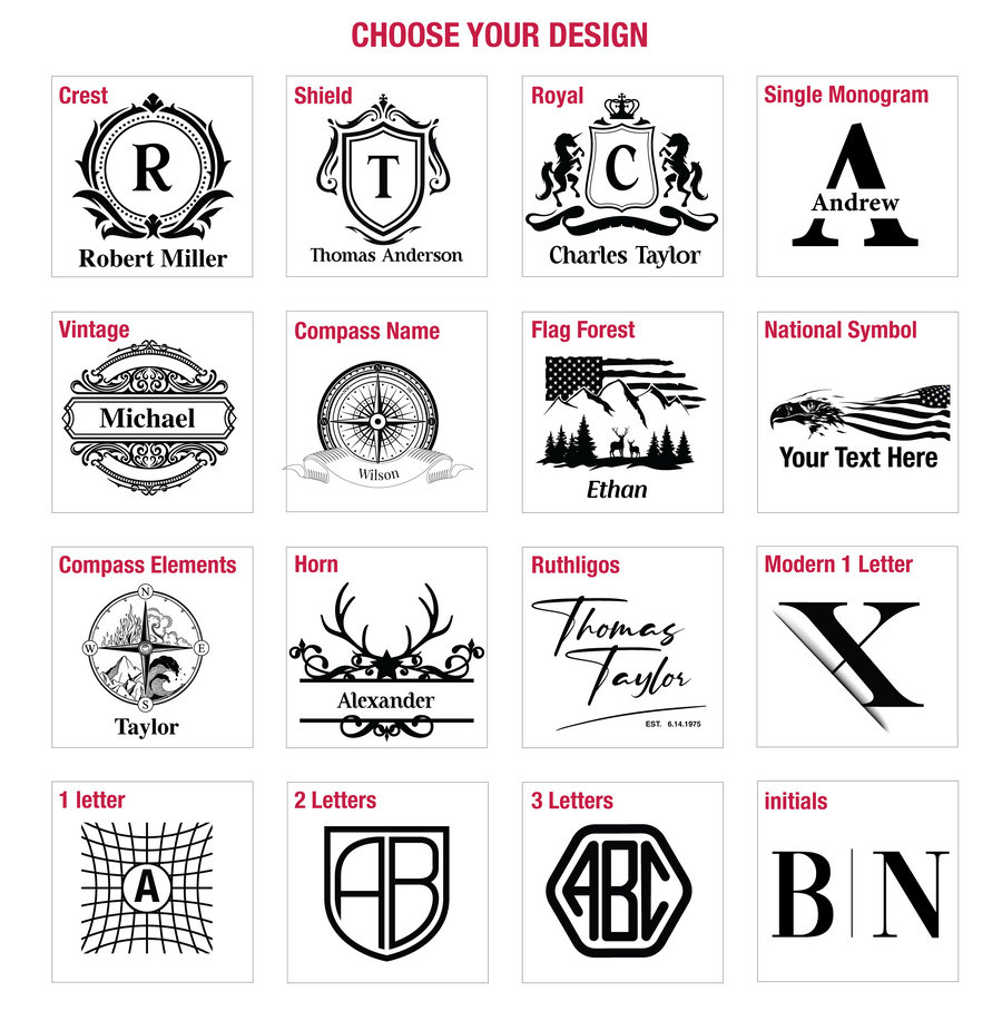 a collection of various personalized designs, including monograms, initials, and logos, that can be used for creating custom mementos or stationery items.