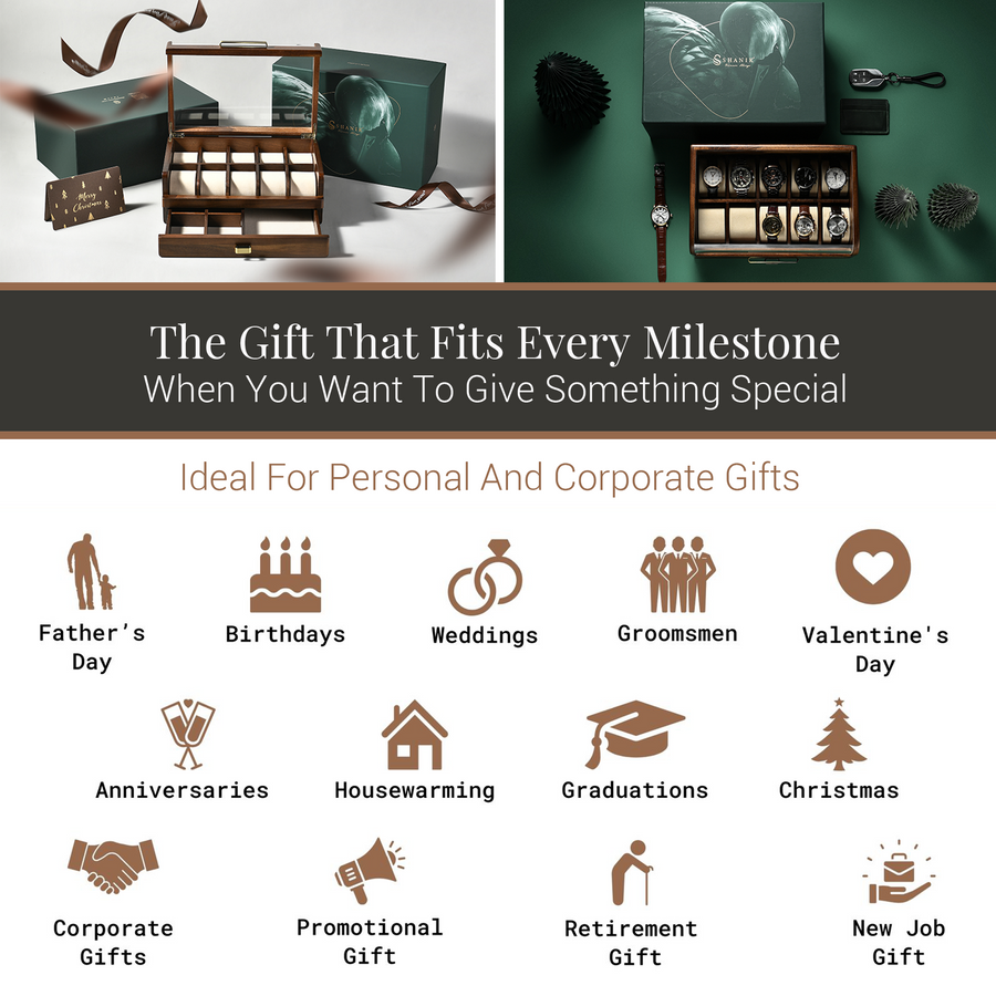 The image is a collage of various gift ideas, including personal and corporate gifts, ideal for different occasions such as Father's Day, Valentine's Day, birthdays, weddings, groomsmen, and more.