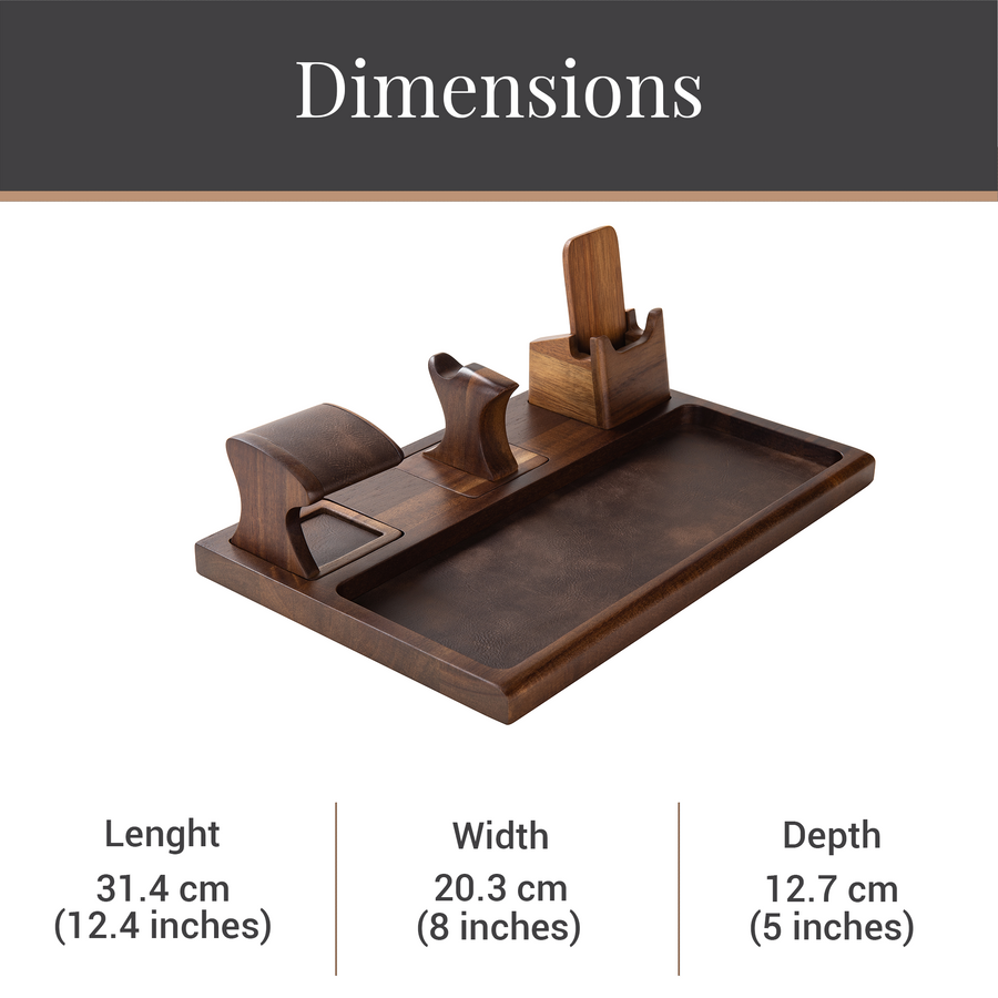 a wooden desk organizer with various compartments and storage spaces, including a tray, a drawer, and a shelf.
