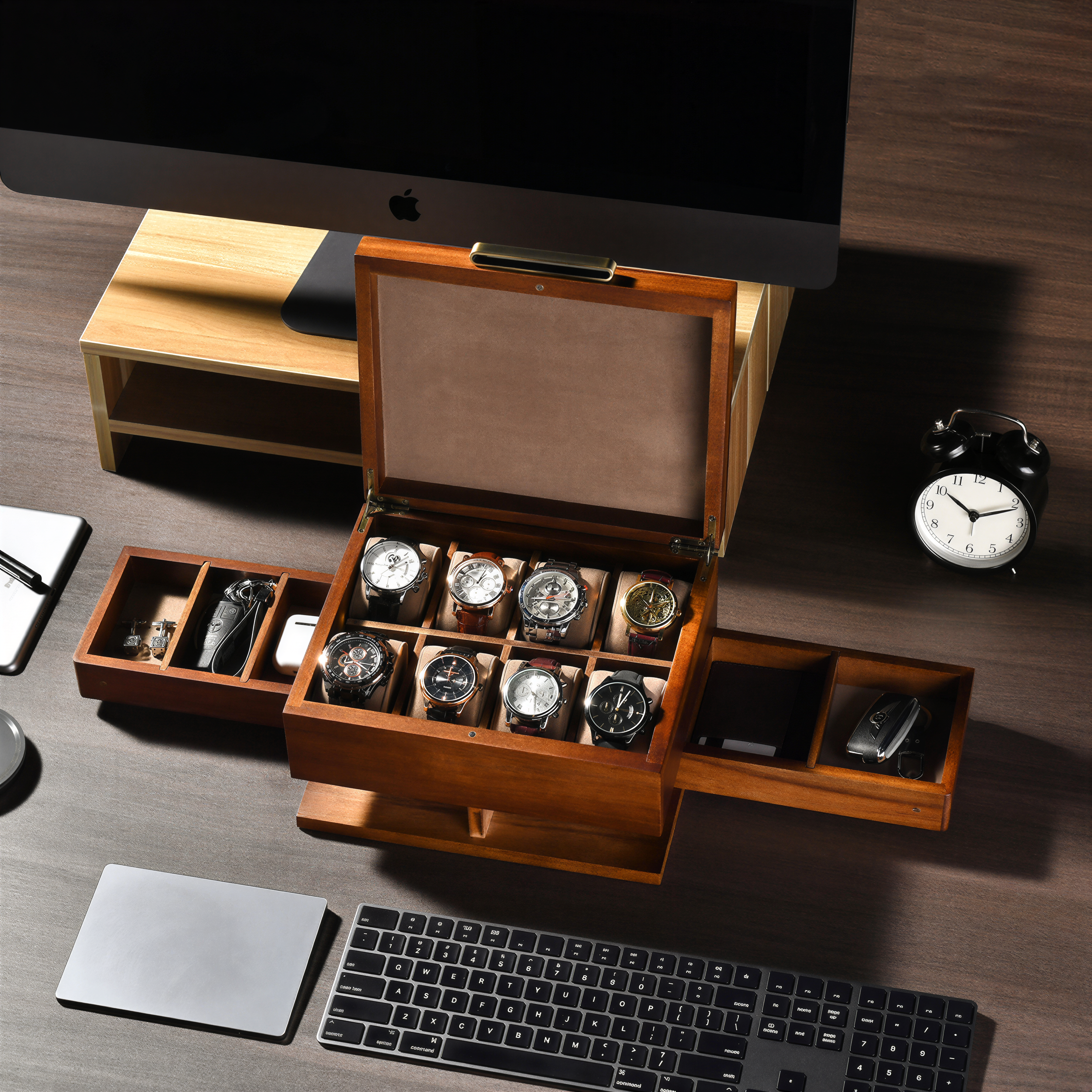 a wooden watch storage box with multiple compartments, containing various watches, placed on a desk alongside a computer keyboard, a clock, and other office supplies.