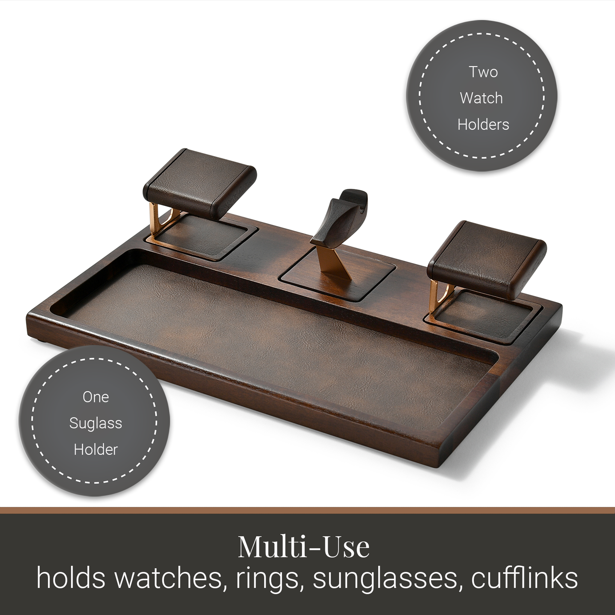 A wooden watch stand with two compartments, designed to hold various types of accessories such as watches, rings, sunglasses, and cufflinks.