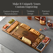 a wooden cutting board with various snacks and crackers arranged on it, along with a bottle of whiskey and some other items.