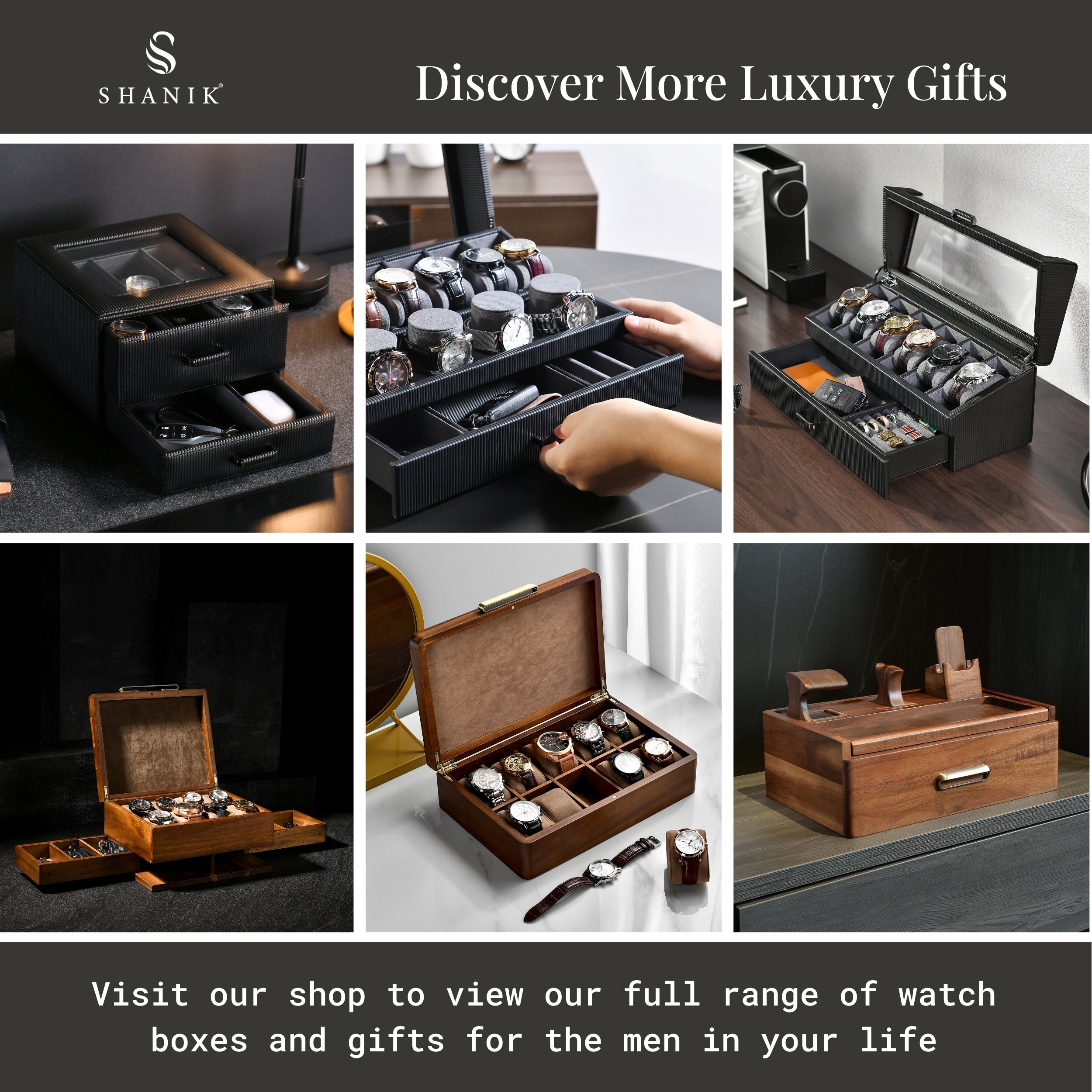 The image is a collage of six photos showcasing various luxury watch boxes and gifts for men.