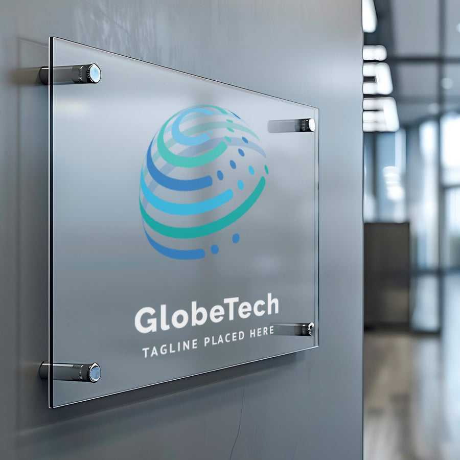 a glass sign with a logo and text on it, placed on a wall.