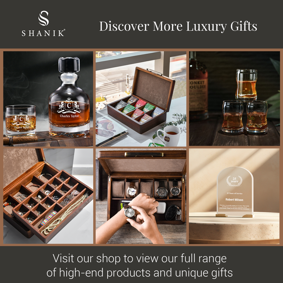The image is a collage of six different images showcasing various luxury gifts and products, including a bottle of whiskey, a wooden box, a glass of whiskey, a wooden box with a watch, a glass of whiskey, and a glass of whiskey. The collage also includes a person's hands holding a watch and a person's hands holding a gift box. The image does not contain any text, and the focus is on the products and gifts displayed.