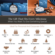 The image is a collage of various gift ideas, including personal and corporate gifts, ideal for different occasions such as Father's Day, birthdays, weddings, groomsmen, Valentine's Day, anniversaries, housewarming, graduations, Christmas, corporate gifts, promotional gifts, retirement gifts, and new job gifts.