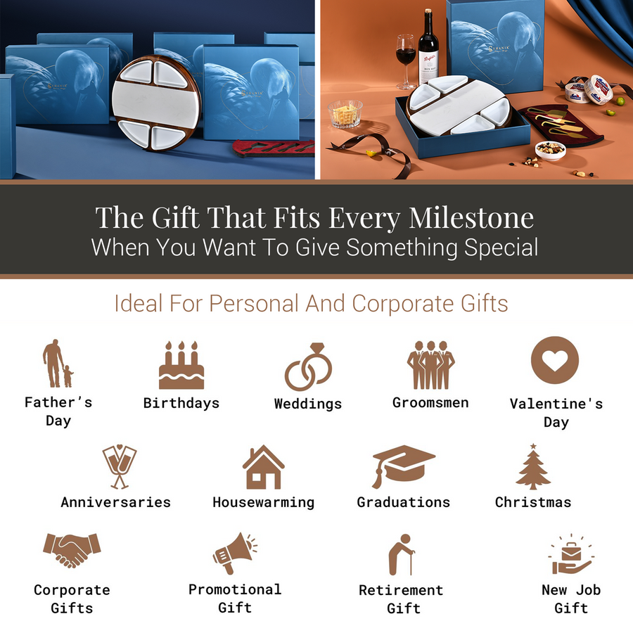 The image is a collage of various gift ideas, including personal and corporate gifts, ideal for different occasions such as Father's Day, birthdays, weddings, groomsmen, Valentine's Day, anniversaries, housewarming, graduations, Christmas, corporate gifts, promotional gifts, retirement gifts, and new job gifts.