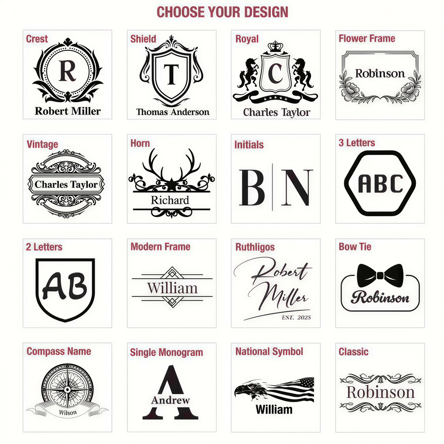 a collection of 16 different monogram designs, each featuring a unique combination of letters and symbols. The designs include various styles such as vintage, horn, initials, ABC, Robert Miller, Thomas Anderson, Charles Taylor, Richard, BN, William, Ruthiges, Robert Miller, and Robinson. The monograms are presented in a grid format, allowing for easy comparison and selection based on personal preferences or design aesthetics.