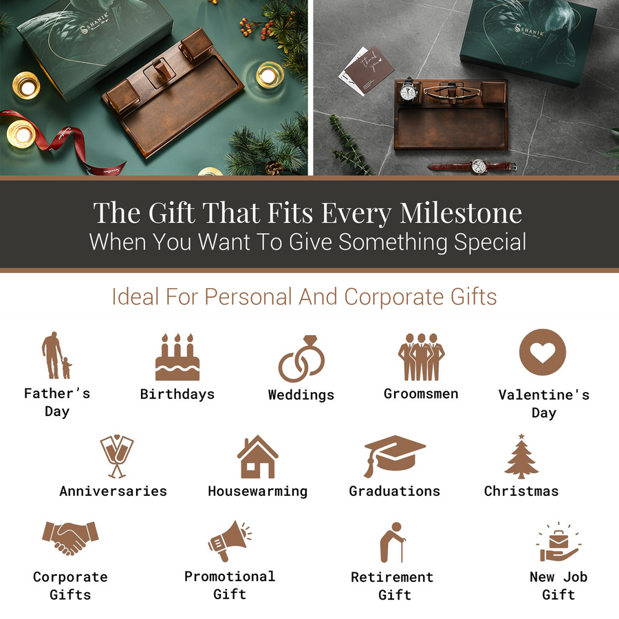 The image is a collage of various gift ideas, including a father's day gift, a wedding gift, a graduation gift, a housewarming gift, a Christmas gift, a new job gift, and a corporate gift. The image showcases different types of gifts that can be given to celebrate special occasions and milestones in life.