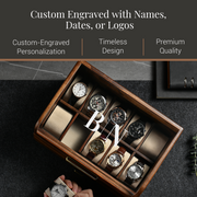 a wooden watch case with multiple watch faces displayed inside it.